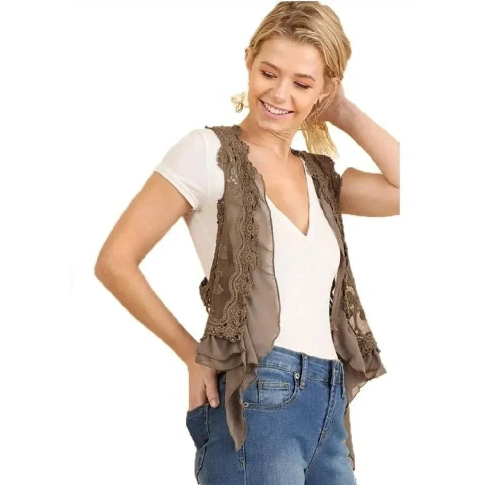 Umgee Taupe Brown Open Front Boho Lace Kimono M/L